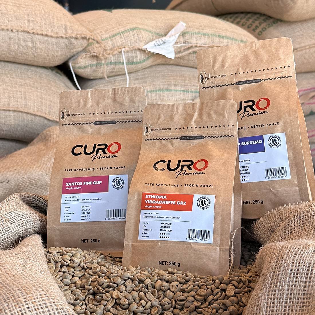 CURO Premium single origin çiğ kahve çekirdekleri ve kraft paketler