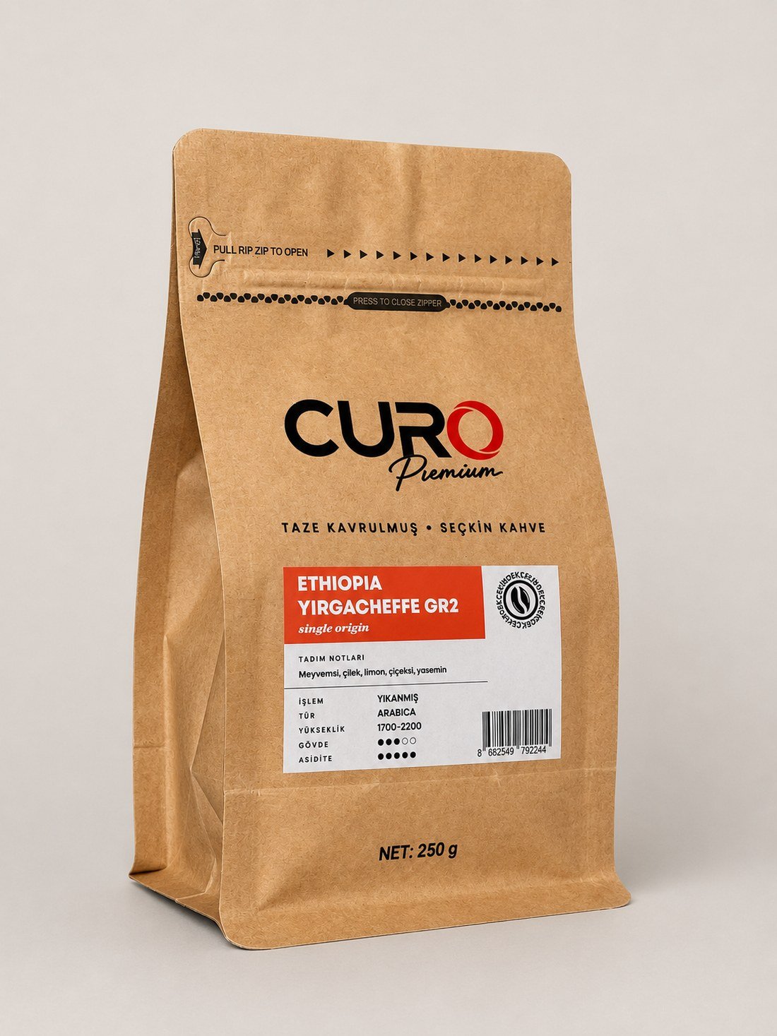 CURO Premium Ethiopia Yirgacheffe GR2 single origin kahve 250g paketi yan