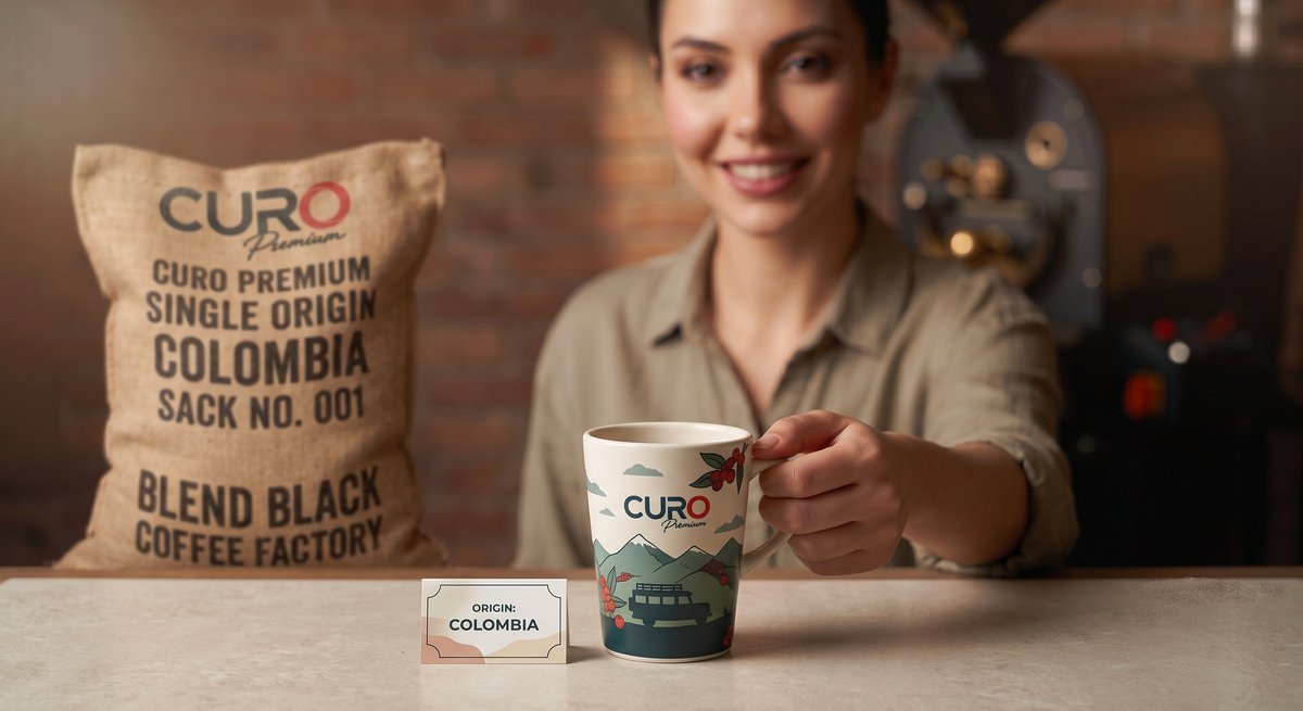 CURO Premium Colombia single origin kahve çuvalı ve fincanı